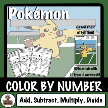 Preview of Pokémon Color By Number - Add, Subtract, Multiply, Divide - Passing Pikachu