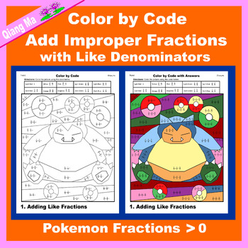 Preview of Pokemon Color by Code: Add Improper Fractions with Like Denominators 4NFB