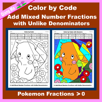 Preview of Pokemon Color by Code: Add Mixed Number Fractions with Unlike Denominators 5NF