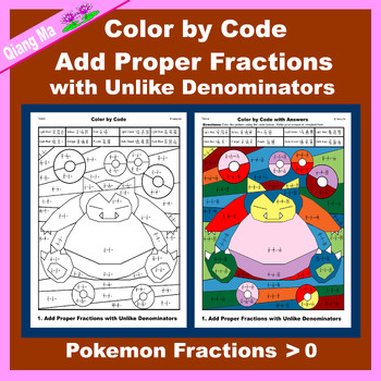 Preview of Pokemon Color by Code: Add Proper Fractions with Unlike Denominators 5NF