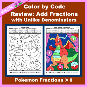 Preview of Pokemon Color by Code: Review: Add Fractions with Unlike Denominators 5NF