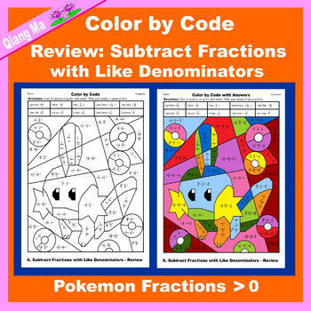 Preview of Pokemon Color by Code: Review: Subtract Fractions with Like Denominators 4NFB