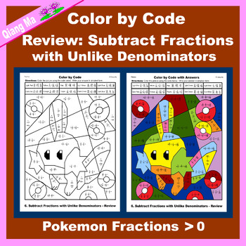 Preview of Pokemon Color by Code: Review: Subtract Fractions with Unlike Denominators 5NF