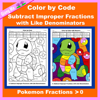 Preview of Pokemon Color by Code: Subtract Improper Fractions with Like Denominators 4NFB