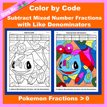 Preview of Pokemon Color by Code: Subtract Mixed Number Fraction with Like Denominator 4NFB