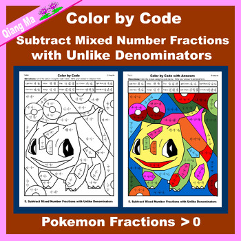 Preview of Pokemon Color by Code:Subtract Mixed Number Fraction with Unlike Denominator 5NF