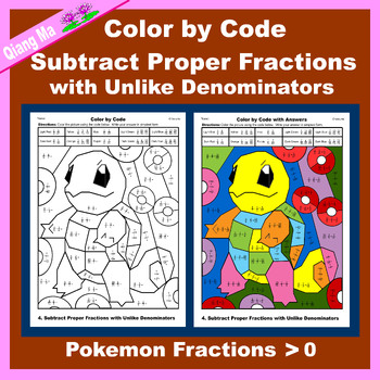 Preview of Pokemon Color by Code: Subtract Proper Fractions with Unlike Denominators 5NF