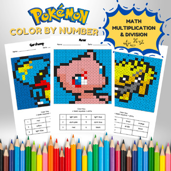 Preview of 22 Pokemon Color by Math | Math Multiplication & Division | Pokemon Coloring