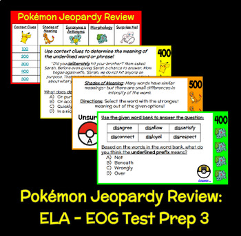 Preview of Pokémon Jeopardy - ELA Bundle - EOG Review Game - 3rd Grade - Editable