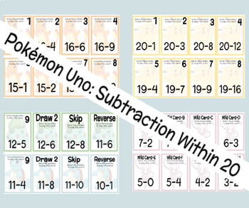 Preview of Pokémon Uno Game - Subtraction Within 20