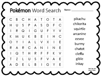 Pokemon Word Search By Dancing With Miss B Teachers Pay Teachers