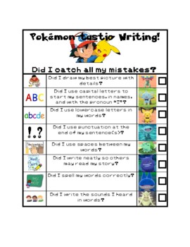 Pokemon Writing Checklist By Elisa Rivard Teachers Pay Teachers