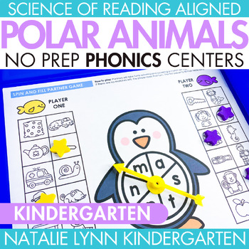 Preview of Polar Animals No Prep Phonics Center Mats Kindergarten Winter Literacy Centers