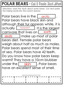 Polar Bears Nonfiction Facts Cut and Paste Worksheet by Sea of Knowledge
