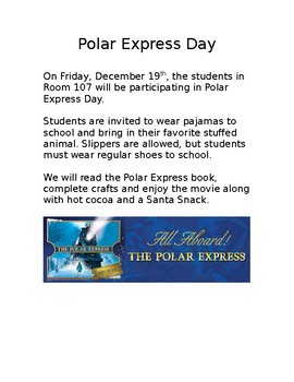 Preview of Polar Express Day Letter for Parents