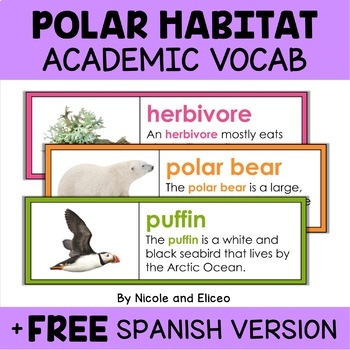 Preview of Polar Animal Habitat Word Wall Vocabulary + FREE Spanish