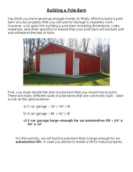 Preview of Pole Barn Project: Pre-Algebra Final/Review Concepts (with answer key)