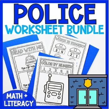 Preview of Police Activities for Math + Literacy Coloring Worksheets Preschool Kindergarten