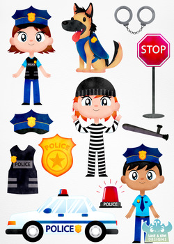 Police Cops And Robbers Watercolor Clipart Lime And Kiwi Designs