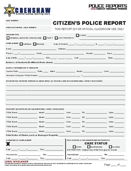 Preview of Police Incident Report STUDENT WORKSHEET