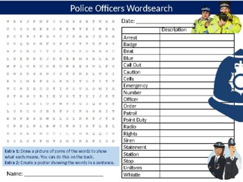 Preview of Police Officers #2 Wordsearch Sheet Careers Jobs Starter Activity Keywords