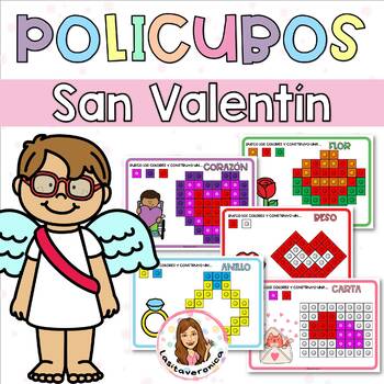 Preview of Policubos San Valentín / Valentine's Day math cubes Snap cubes. February Spanish