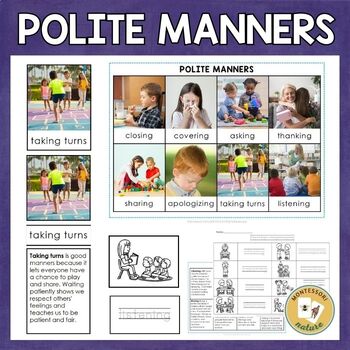Preview of Polite Manners in the Classroom 3 Part Cards Definitions Coloring Montessori