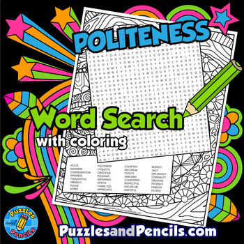 Preview of Politeness Word Search Puzzle with Coloring Activity | Social Skills