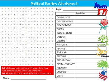 Preview of Political Parties Wordsearch Sheet Starter Activity Keywords Cover Government