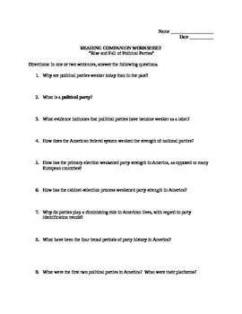 Preview of Political Parties and Interest Groups Short Answer Worksheets