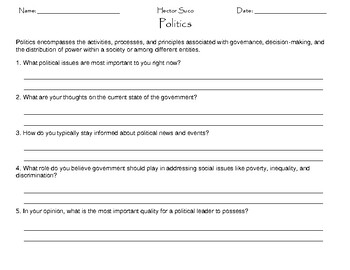 Preview of Politics Worksheet: Assess, Reflect, & Staying Informed
