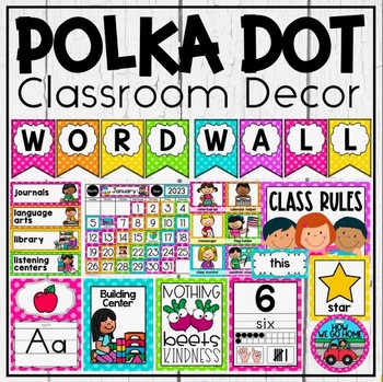 Preview of Classroom Decor Bundle in Polka Dot Brights ~ Classroom Jobs, Labels and More!