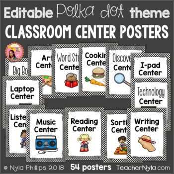 Preview of Polka Dot Center Labels - 54 Classroom Label Posters for Stations Editable