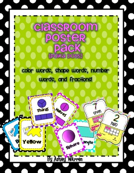 Preview of Polka Dot Classroom Poster Pack- Colors, numbers, shapes, and fractions!