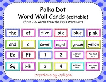 Preview of Fry's Word List Word Wall Cards in Polka Dots {editable} {first 200 words}