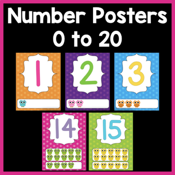 Preview of Number Posters 1 to 20 or 0 to 20 with Bright Colors, Polka Dot and Owl Theme