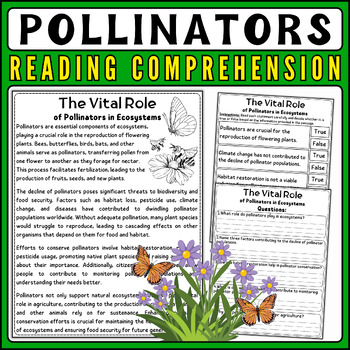 Preview of Pollinators Nonfiction Comprehension Reading & Interactive Quiz, Pollinator Week