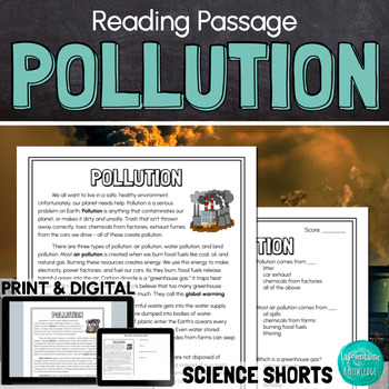 Preview of Pollution Air Land and Water Reading Comprehension Passage PRINT and DIGITAL