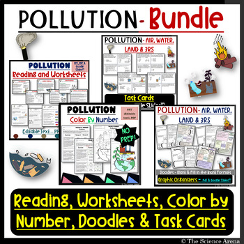 Preview of Pollution BUNDLE of Notes, Worksheets, Color by Number, Doodles and Task Cards