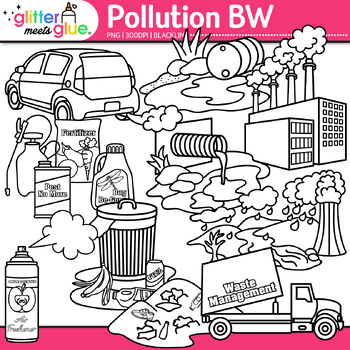 Preview of Pollution Clipart: Water Land Air Earth Conservation Clip Art, Black & White PNG