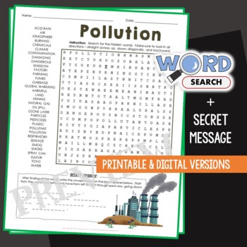 Preview of Land, Water, Air Pollution Word Search Puzzle Vocabulary Activity STEM Worksheet