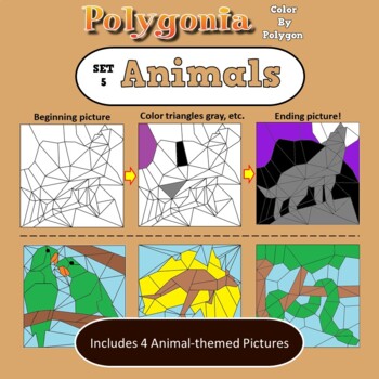 Preview of Polygonia Set 5: Animals - Color by Shape Worksheets