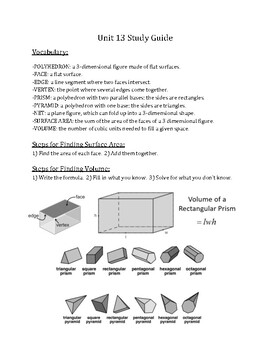 Preview of Polyhedrons Volume/Surface Area Study Guide