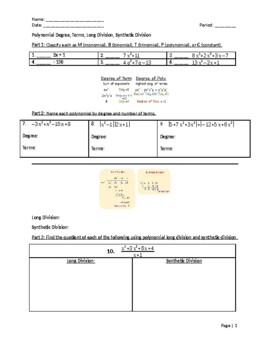 Preview of Polynomial Degree, Terms, Long Division, Synthetic Division