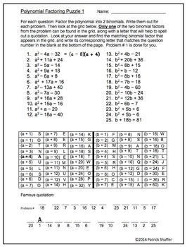 Preview of Polynomial Factoring Puzzle - Factoring Polynomials into Binomials ( algebra )