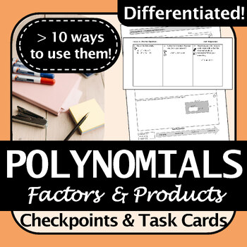 Preview of Polynomial Factors Products Task Cards & Checkpoints | Differentiated, Engaging!