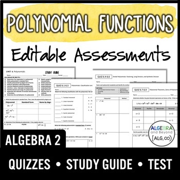 Preview of Polynomial Functions Assessments | Quizzes | Study Guide | Test