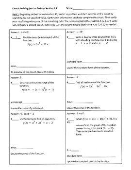 Preview of Polynomial Functions Review (Circuit Training Worksheet with a Twist)