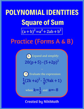 Preview of Polynomial Identities - SQUARE OF A SUM - Practice (Forms A&B)