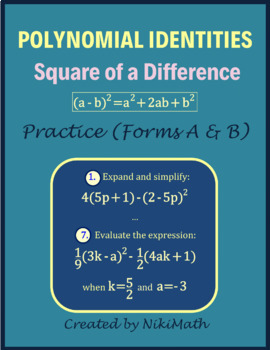 Preview of Polynomial Identities - SQUARE OF A DIFFERENCE - Practice Two Forms